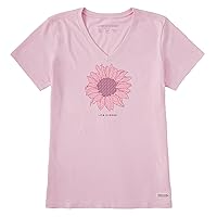 Life is Good Women's Blooming French Flower Short Sleeve Cotton Tee, Graphic V-Neck T-Shirt, Seashell Pink, Medium