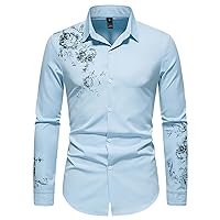 Fashion Floral Printed Dress Shirt for Mens Long Sleeve Lightweight Button Down Tees Stand Compression Tops