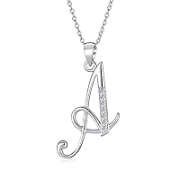 Bling Jewelry ABC Cubic Zirconia Pave CZ Cursive Script Letter Alphabet Initial Pendant Necklace For Teen Women .925 Sterling Silver