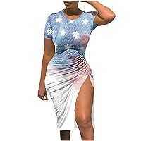 Drawstring Ruched Split Bodycon Dress for Women Summer Stars Stripes Short Sleeve Round Neck Dresses for Going Out