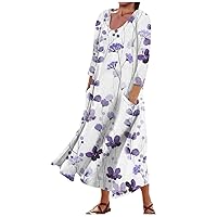 Dresses for Women 2024 Printed 3/4 Sleeve Dress with Pocket Lightweight Vacation Sun Dress Flowy Casual Beach Dress