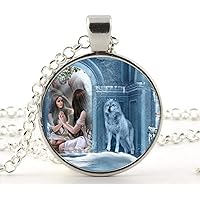 Wolf and Girl Necklace Pendant Wild Animal Jewelry Vintage Charm Jewelry Glass Photo Jewelry