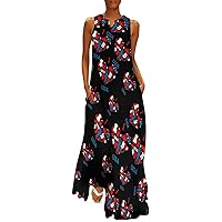I Love Heart USA Traditional Folk Women's Summer Sleeveless Maxi Dress Slim Fit Ankle Length Long Dresses