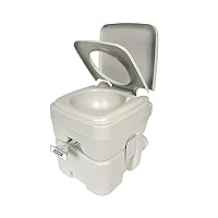 Camco 5.3-Gallon Portable Travel Toilet - Features Detachable Holding Tank w/Sealing Slide Valve & Bellow-Type Flush - Easy Transport w/Compact Lightweight Design & Carry Handle - Gray (41541)