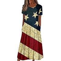 Shift Short Sleeve Novelty Tunic Dress Womans Winter Party with Pockets Crew Neck Lady American Flag Fit Blue M