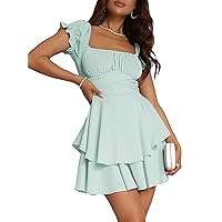 Springcmy Women Puff Sleeve Off Shoulder Dress Ruffle Tiered Smocked Layered Flowy Beach A-line Short Mini French Dress