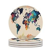 Abstract World Map Print Coasters Set of 4 Or 6 Absorbent Ceramic Coaster with Cork Base Round Tabletop Protection Mat for Mugs and Cups, Office, Kitchen