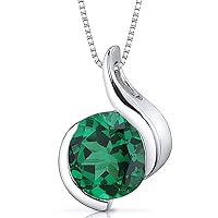 PEORA Simulated Emerald Open Bezel Wave Solitaire Pendant Necklace for Women 925 Sterling Silver, 1.75 Carats Round Shape 8mm, with 18 inch Chain