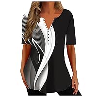 ZunFeo Women Blouses Summer 2023 Graphic Tshirt Shirts Short Sleeve Dressy Blouse Loose Fit Tunic Top Button V Neck Fashion