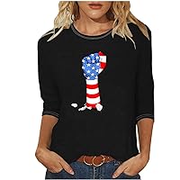 4th of July Shirts for Women 3/4 Sleeve Plus Size T Shirt Summer Independence Day Round Neck Soft Tunic Tops