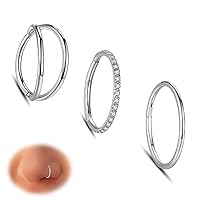 WBRWP 3pcs Nose Rings Hoops: 316L Surgical Steel Double Hoop Nose Rings 16G 18G 20G Hinged CZ Septum Conch Clicker Lip Rings Cartilage Helix Rook Tragus Daith Earring Hoops Body Piercing Jewelry 7mm 8mm 9mm 10mm
