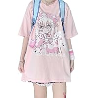 Kawaii Oversized T-Shirt Cute Pink Anime Shirt Japanese Harajuku Tee Rabbit Cat Teen Girl Plus Size