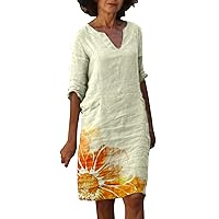 Summer Dresses for Women Women V Neck Casual Retro Flower Colorful Print Mid Sleeve Mid Length Dress
