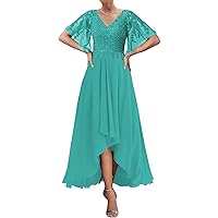 Women's High Low Mother of The Bride Dresses with Ruffle Sleeves Beaded Lace Tea Length Formal Party Gown