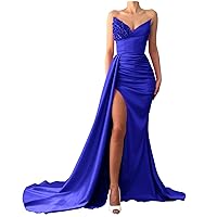 Long Sleeve Sequin Satin Prom Dresses V Neck Slit Formal Evening Gowns for Women with Pockets Wedding Dresses Royal Blue