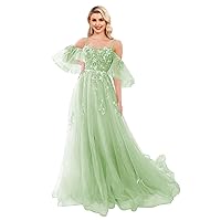Off Shoulder Tulle Prom Dresses Lace Appliques Formal Dress Long Spaghetti Straps Ball Gown with Puffy Sleeve for Women Sage