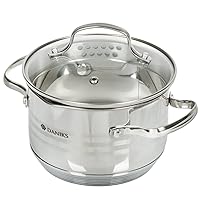Daniks Tokio Stainless Steel Stock Pot with Glass Lid | Induction 2 Quart | Pasta Pot with Strainer Insert | Dishwasher Safe Pot | Measuring Scale | Soup Pasta Stew Pot | Silver