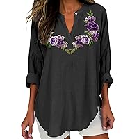 Women's Fashion V Neck Long Sleeved Purple Floral Printed Top Girl Summer Top