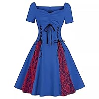 Womens Gothic Retro Cocktail Dress Double Lace-Up Waist Swing Dress 1950s Short Sleeve V Neck Lace Rockabilly Dress