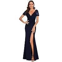 Ever-Pretty Women's Deep V-Neck Applique Ruffle Sleeves Side Slit Pleated Long Formal Dresses 01669