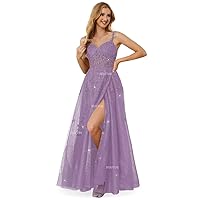 Lace Appliques Corset Prom Dresses 2024 Long Spaghetti Straps Glitter Tulle Ball Gowns Formal Evening Dress with Slit