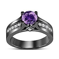 14k Black Gold Over .925 Saterling Silver Round Cut Purple Amethyst & White Cz Engagement Ring for Womens