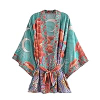 Robes Moon Print Short Open Stitch Cover Ups Rayon Cotton Kimonos Blusas Bohemian Clothing Women