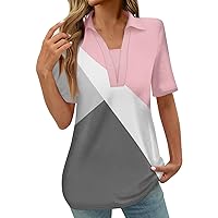 Women Short Sleeve Polo Shirts Retro Printing V Neck Stand Collar Blouse Summer Dressy Tunic Tops