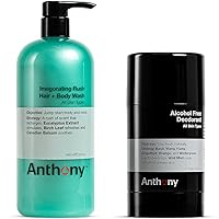 Anthony Alcohol Free Deodorant 2.5 Fl Oz, and Anthony Invigorating Rush Hair and Body Wash, 32 Fl Oz