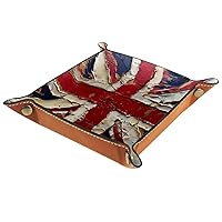Union Jack British Flag Folding Rolling Thick PU Brown Leather Valet Catchall Organizer Table, Small Jewelry Candy Key Trays Storage Box Decor, Entryway Tray