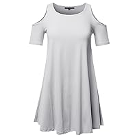 Made by Emma Women's Solid Cold Shoulder 3/4 Sleeves Swing Mini Jersey Dress