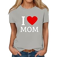 Mother's Day Womens Short Sleeve Summer Tops Cute Printed Graphic Tees Crew Neck T Shirts Trendy Solid Casual Blouses