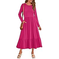 HAEOF Women's 2024 Long Sleeve Crewneck Midi Dress Pleated Tiered A Line Flowy Spring Fall Casual Dress with Pockets
