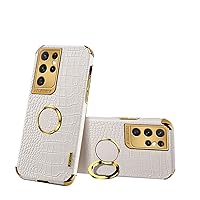 Luxury Soft Leather Phone case with Rotatable Finger Ring Bracket for Samsung Galaxy A14 A34 A54 M33 M53 5G Four Corner Reinforcement Protective Cover(White,A54 5G)