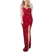 Women Spaghetti Strap Sequin Dress Sleeveless Off Shoulder Split Evening Cocktail Long Dress Night Out Maxi Dresses