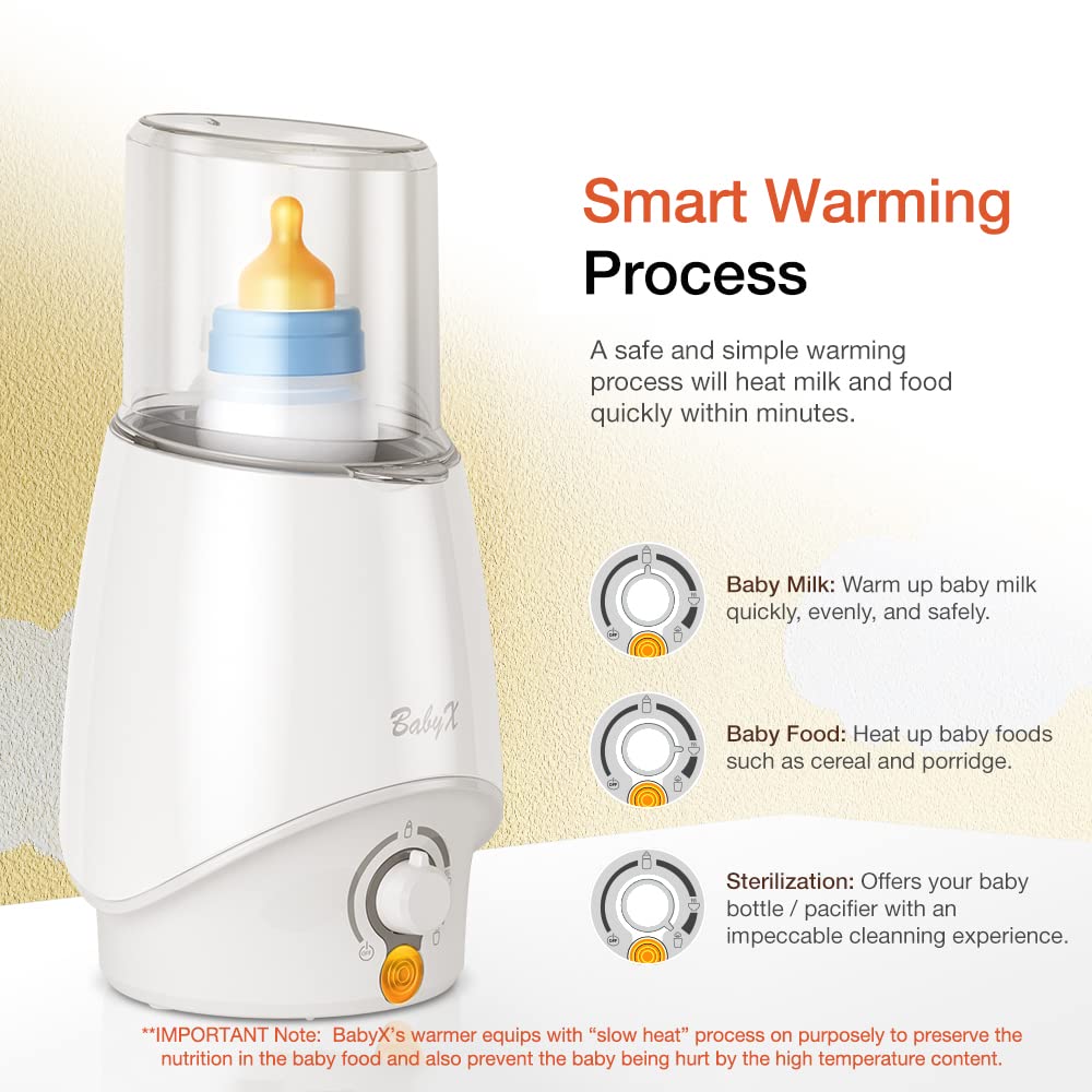 BabyX Fast Bottle Warmer for Breastmilk, Infant Formula, Baby Food Heater Quickly Warm and Sterilizer, Sanitize Pacifiers and Fits Most Bottle Size [Built-in Smart Temp. Controller]