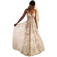 Wedding Dresses A-line V-Neck Tulle Applique Lace Backless Boho Wedding Gown Bridal Dresses