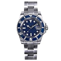 Cronos Sub-Diver Luxury Men's Watches Stainless Steel Bracelet Ceramic Rotating Bezel 200 Meters Water Diving Resistant Wristwatch (Blue no Logo)