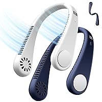 Odoland Portable Neck Fan with LED Display, 3600mAh Rechargeable Hands Free Bladeless Mini Fan, 4 Speed Adjustment Strong Wind Portable Fan for Traveling Office Camping, 2 Pack, White&Blue