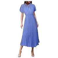 Green Dress,Womens Dot Pleated A Line Casual Flowy Party Midi Dress Swing Dress with Buttons