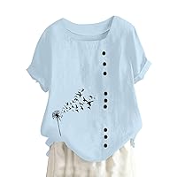 Linen Tops for Women Summer Floral Print Vintage Casual with Short Sleeve Button Patchwork Square Neck Shirts