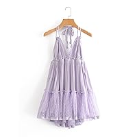 Sundresses for Women Dobby Mesh Self-Tie Ruffled Halter Dress (Color : Purple, Size : Medium)