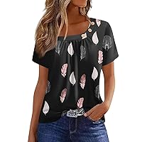 Womens Short Sleeve Top Ruched Tops for Women 2024 Summer Vintage Casual Sparkly Button Splice Loose with Short Sleeve Crewneck Shirts Black X-Large