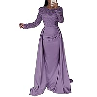 Mermaid Sequin Evening Gown Ruched Satin Dress Long Sleeves Floor Length Illusion Neck Prom Wedding Guest Dress 2024