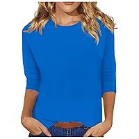 Tops for Womens Waffle Knit Tops for Women Womens Shirts Dressy Casual Women's Fashion Casual Round Neck Three Quarter Sleeve Printed T-Shirt Top 01-Blue Medium M
