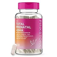 Pink Stork Total Prenatal Vitamin with DHA and Folic Acid: Doctor Formulated, Folate, Iron, Biotin, Vitamin D, Vitamin C + Zinc, Women-Owned, 180 Vegetarian Capsules