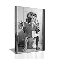LZIMU Funny Bathroom Wall Decor Lion Sitting on Toilet Reading Newspaper Canvas Prints Black and White Animals Posters Framed (Bathroom-3, 36.00