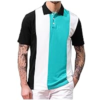 Mens Stripe Print Golf Shirts Color Block Comfy Casual Tops Buttons Up Short Sleeve Polo Shirt Summer Tunic Tshirts
