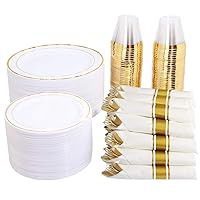 WELLIFE 350 Pieces Gold Plastic Plates with Disposable Silverware and Cups, Include: 50 Dinner Plates 10.25”, 50 Dessert Plates 7.5”, 50 Gold Rim Cups 9 OZ, 50 Gold Cutlery for Mothers Day