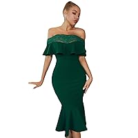 Exclusive Unique Women Evening Gown Dress Green Fishtail Lace Sexy Off The Shoulder Ruffle Party Bodycon Dress